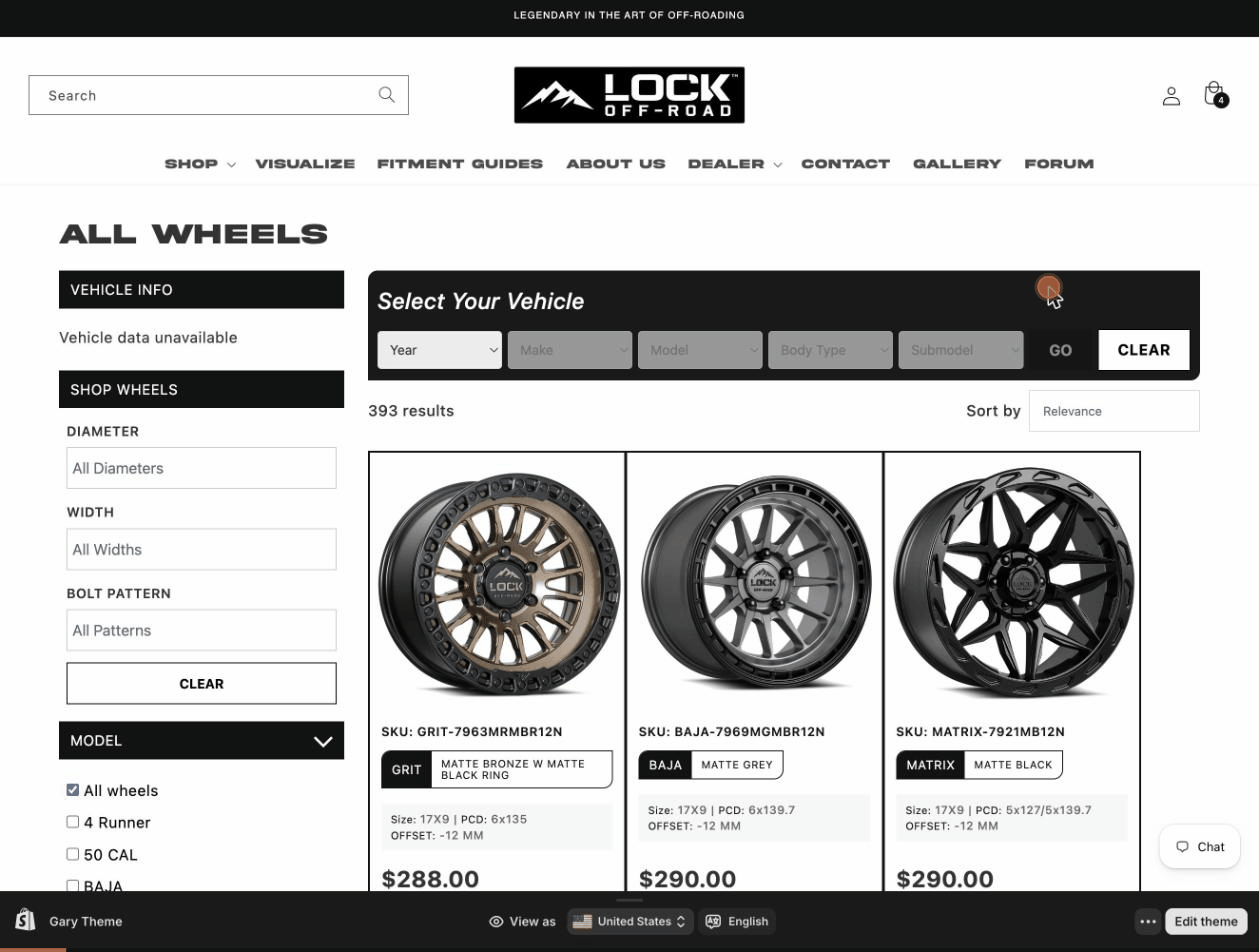 Customer selecting year, make and model to find fitting wheels